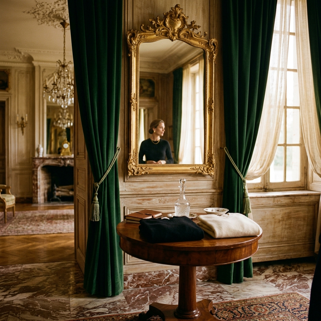 European chateau interior with luxury knitwear display
