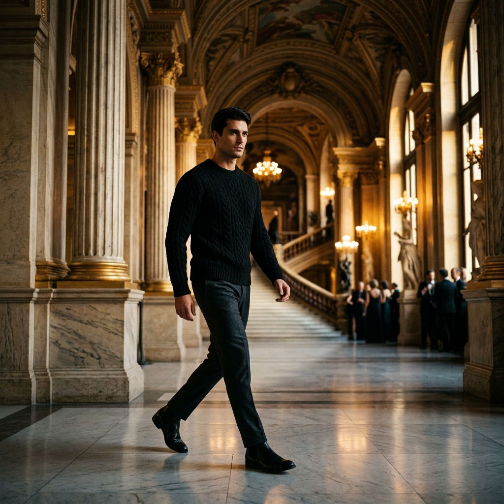 Magne Montfort — Man in luxury cable-knit sweater walking through grand European architecture